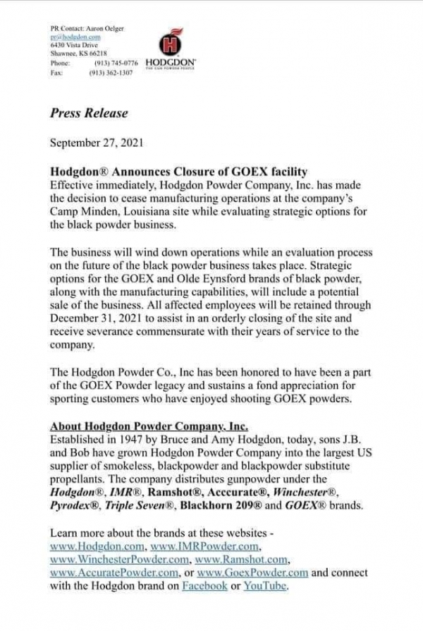 Hodgdon GOEX press release