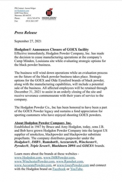 Hodgdon GOEX press release